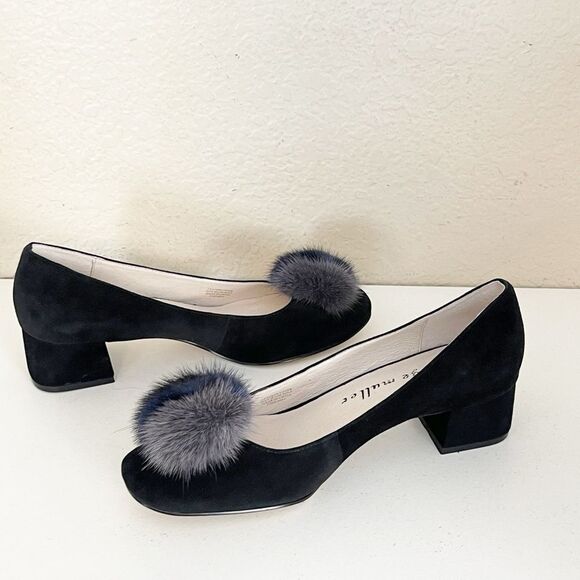 Bettye Muller Black and Blue Fur Accent Heels 8 - Picture 12 of 13